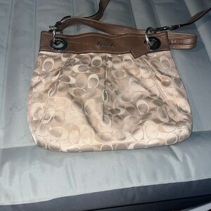 Vintage Coach Light Beige Signature Shoulder Bag with Tan Leather Trim
